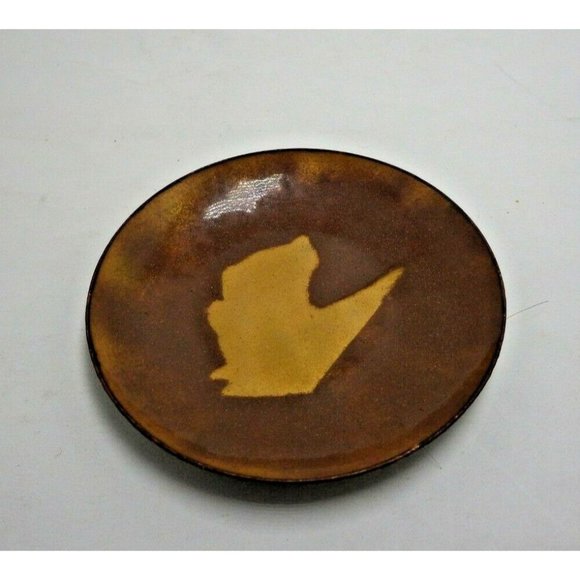 Small Plate Vintage Art Studio Piece Enamel Over Metal Brown Gold Trinket Dish - Picture 1 of 3